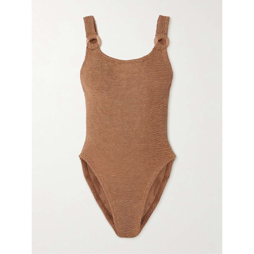 Hunza G Women Brown Domino Embellished Metallic One Piece Swimsuit One Size Nwot